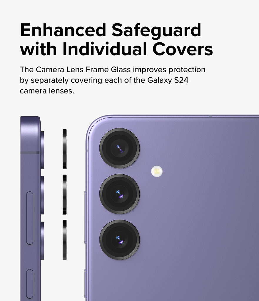 Galaxy S24 Lens Protector | Camera Lens Frame Glass - Enhanced Safeguard with Individual Covers. The Camera Lens Frame Glass improves protection by separately covering each of the Galaxy S24 camera lenses.