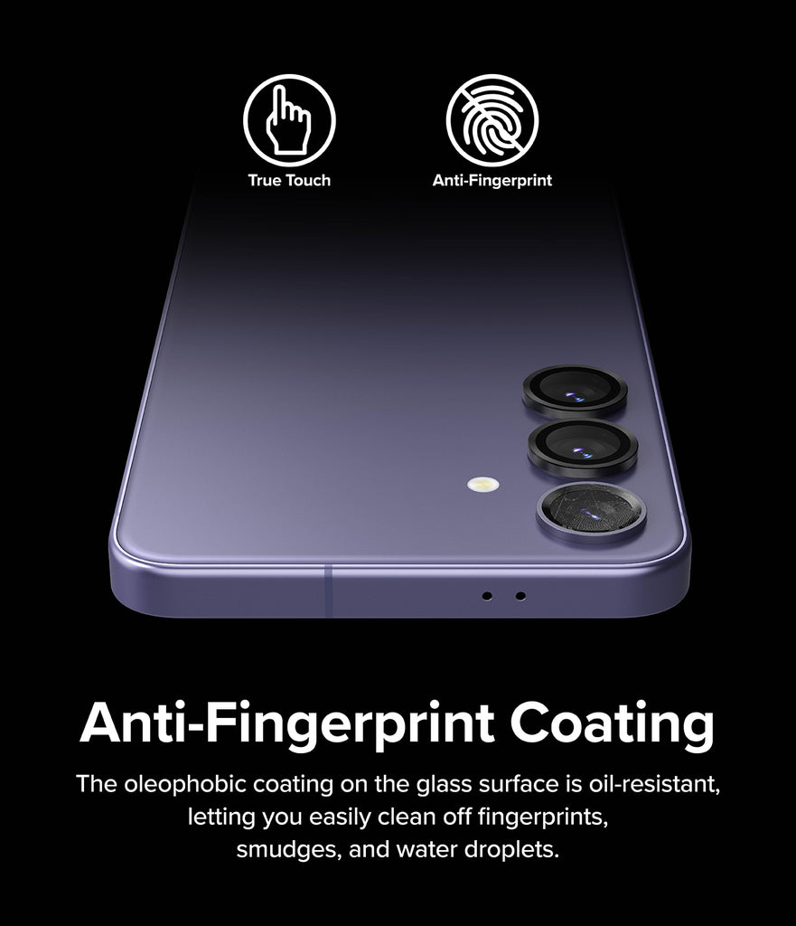 Galaxy S24 Lens Protector | Camera Lens Frame Glass - Anti-Fingerprint Coating. The oleophobic coating on the glass surface is oil-resistant, letting you easily clean off fingerprints, smudges and water droplets.