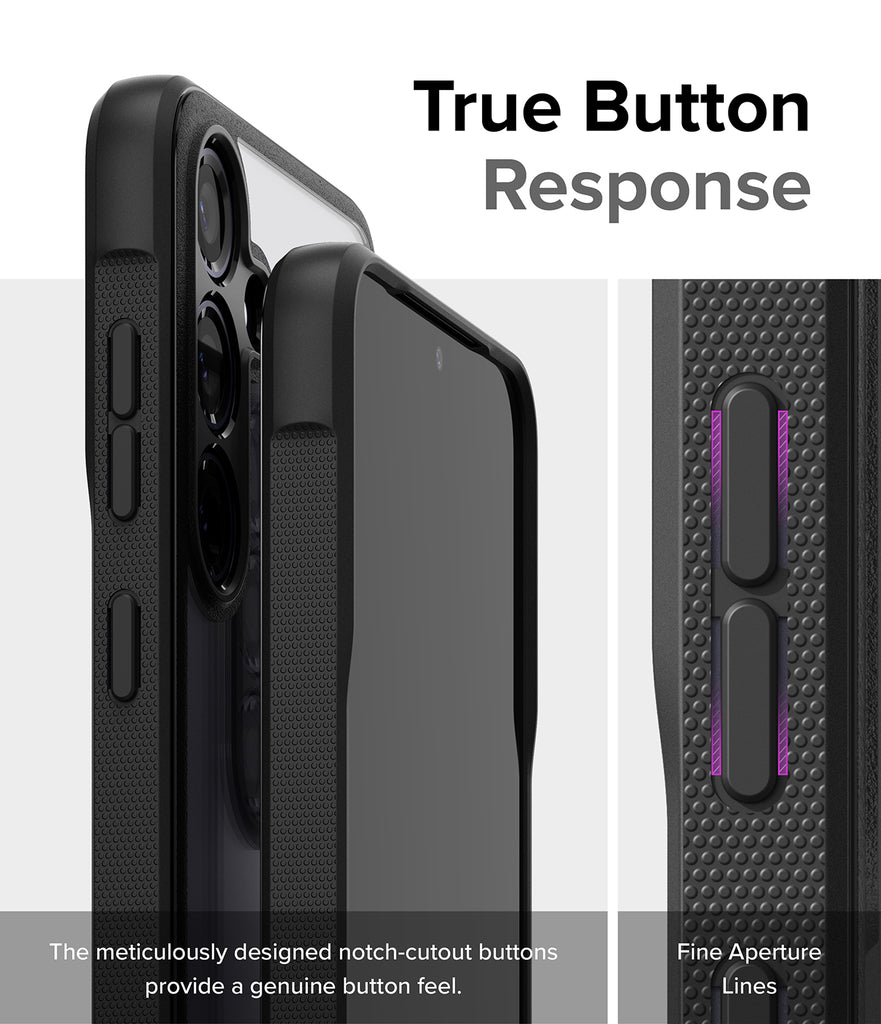 Galaxy S24 Case | Fusion Bold - True Button Response. The meticulously designed notch-cutout buttons provide a genuine button feel. Fine Aperture Lines