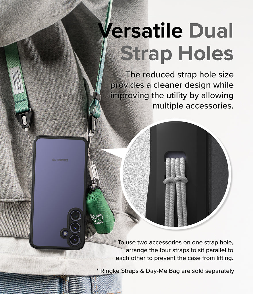 Galaxy S24 Case | Fusion Bold - Versatile Dual Strap Holes. The reduced strap hole size provides a cleaner design while improving the utility by allowing multiple accessories. 