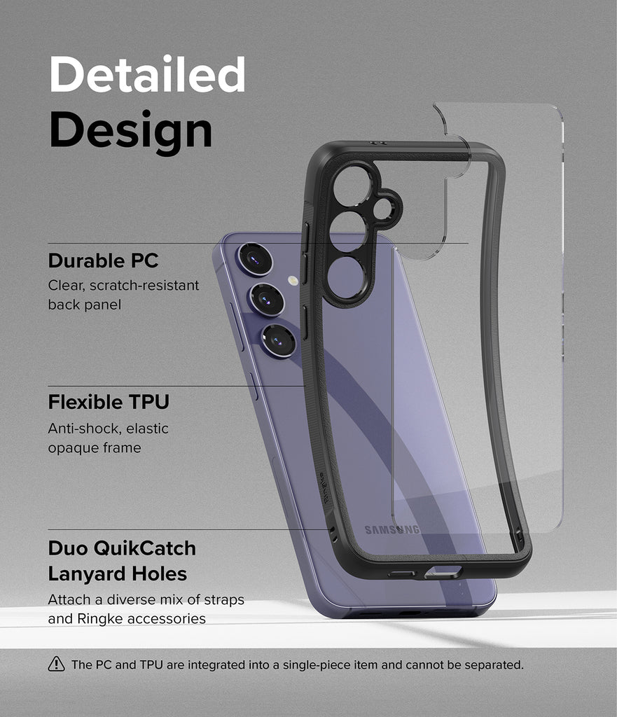 Galaxy S24 Case | Fusion Bold - Detailed Design. Clear, scratch-resistant back panel with durable PC. Flexible TPU Anti-shock, elastic opaque frame with Flexible TPU. Duo QuikCatch Lanyard Holes to attach a diverse mix of straps and Ringke accessories.