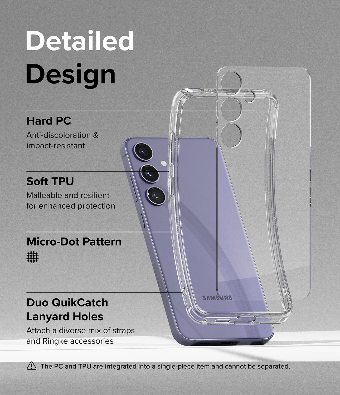 Galaxy S24 Case | Fusion - Detailed Design. Anti-discoloration and impact-resistant with Hard PC. Malleable and resilient for enhanced protection with Soft TPU. Micro-Dot Pattern. Duo QuikCatch Lanyard Holes to attach a diverse mix of straps and Ringke accessories.