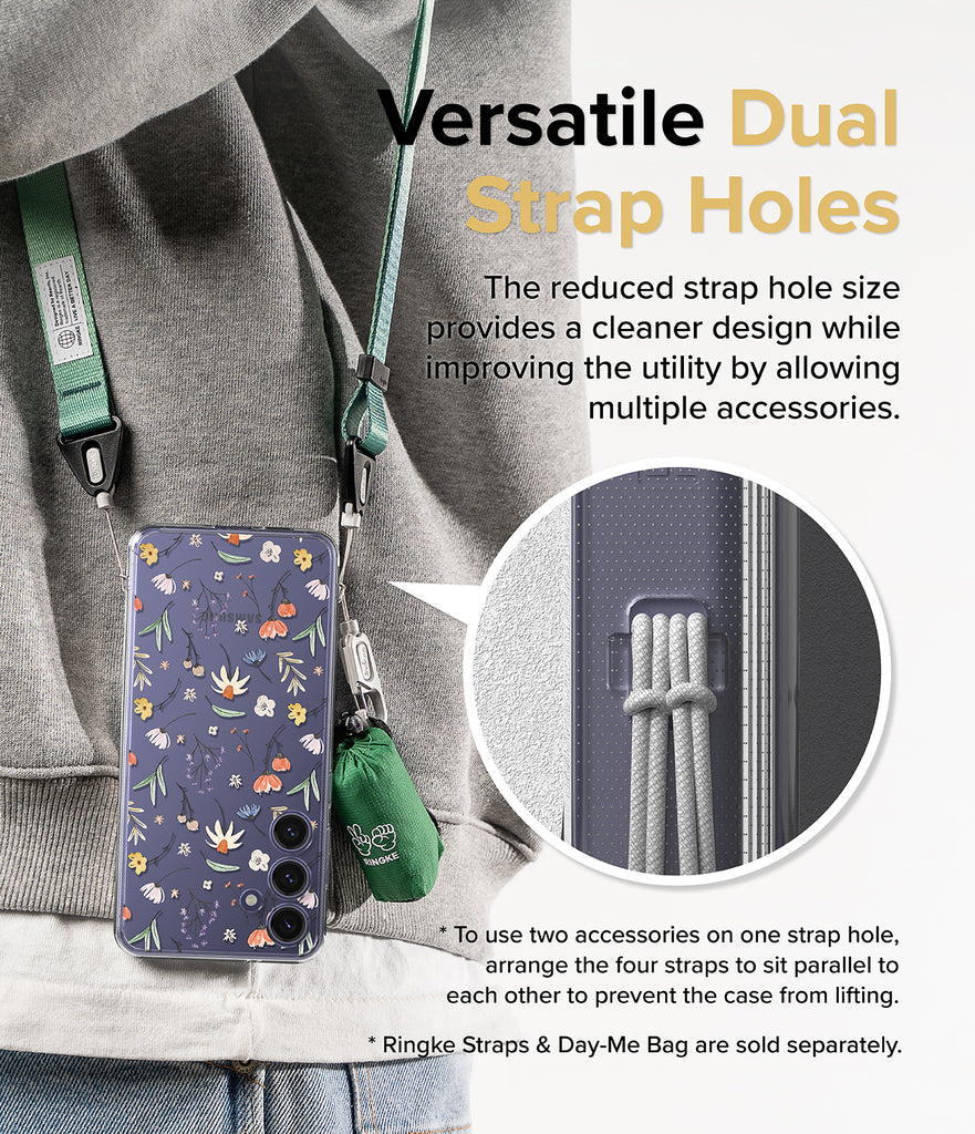 Galaxy S24 Case | Fusion Design - Versatile Dual Strap Holes. The reduced strap hole size provides a cleaner design while improving the utility by allowing multiple accessories