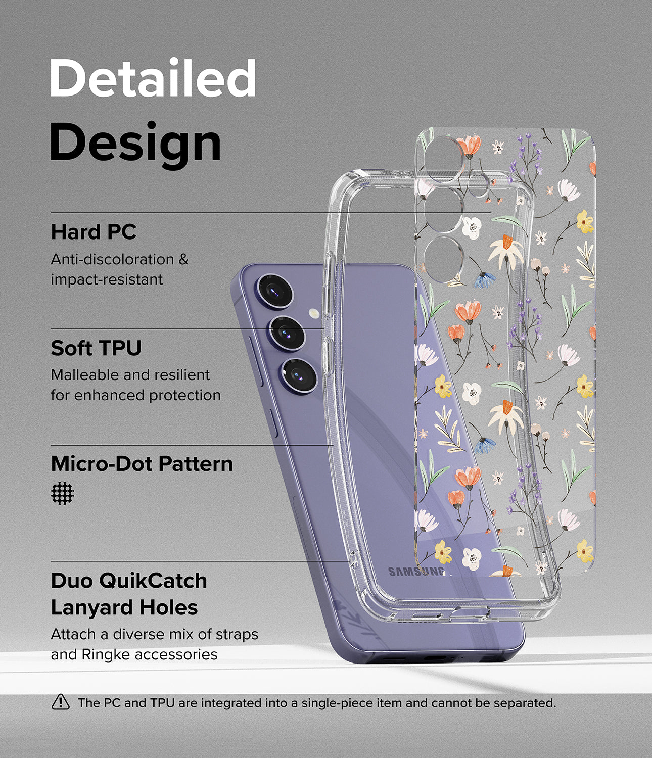 Galaxy S24 Case | Fusion Design - Detailed Design. Anti-discoloration and impact-resistant with Hard PC. Malleable and resilient for enhanced protection with Soft TPU. Micro-Dot Pattern. Duo QuikCatch Lanyard Holes to attach a diverse mix of straps and Ringke accessories