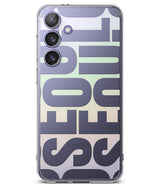 Galaxy S24 Case | Fusion Design - Clear phone case with a repeating Seoul typography pattern over a soft pastel gradient.