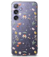 Galaxy S24 Case | Fusion Design - Clear phone case with a delicate, colorful floral pattern on a deep purple background.