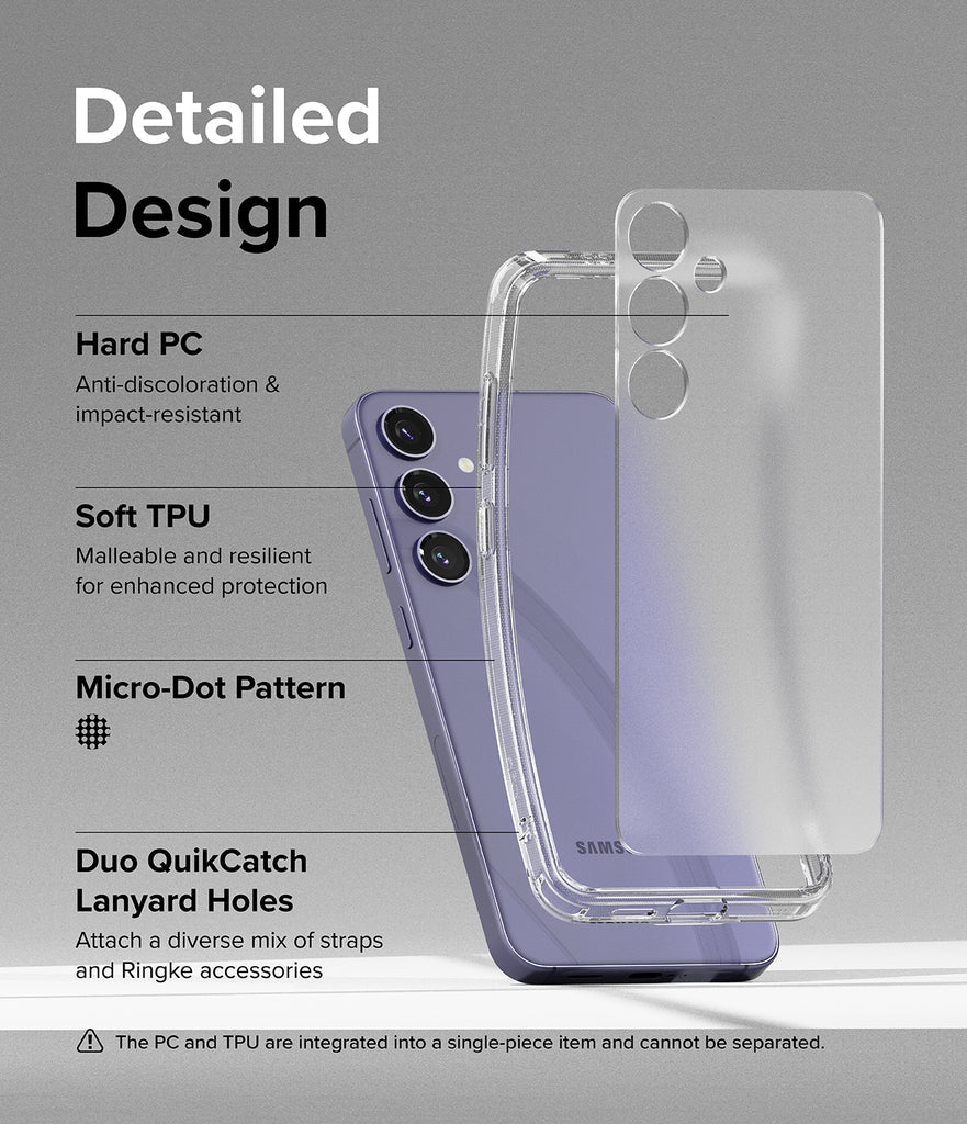 Galaxy S24 Case | Fusion Matte - Detailed Design. Anti-discoloration and impact-resistant with Hard PC. Malleable and resilient for enhanced protection with Soft TPU. Micro-Dot Pattern. Duo QuikCatch Lanyard Holes to attach a diverse mix of straps and Ringke accessories.