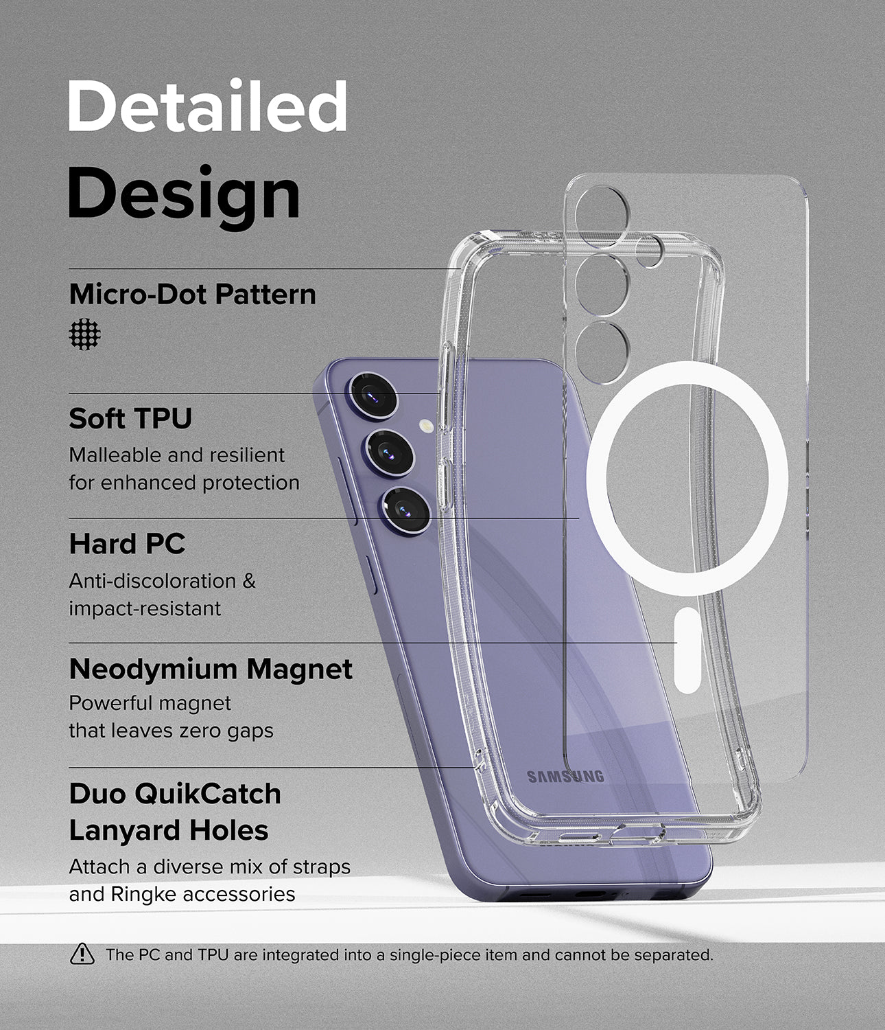 Galaxy S24 Case | Fusion Magnetic - Detailed Design. Micro-Dot Pattern. Malleable and resilient for enhanced protection with Soft TPU. Anti-discoloration and impact-resistant with Hard PC. Powerful neodymium magnet that leaves zero gaps. Duo QuikCatch Lanyard Holes to attach a diverse mix of straps and Ringke accessories.
