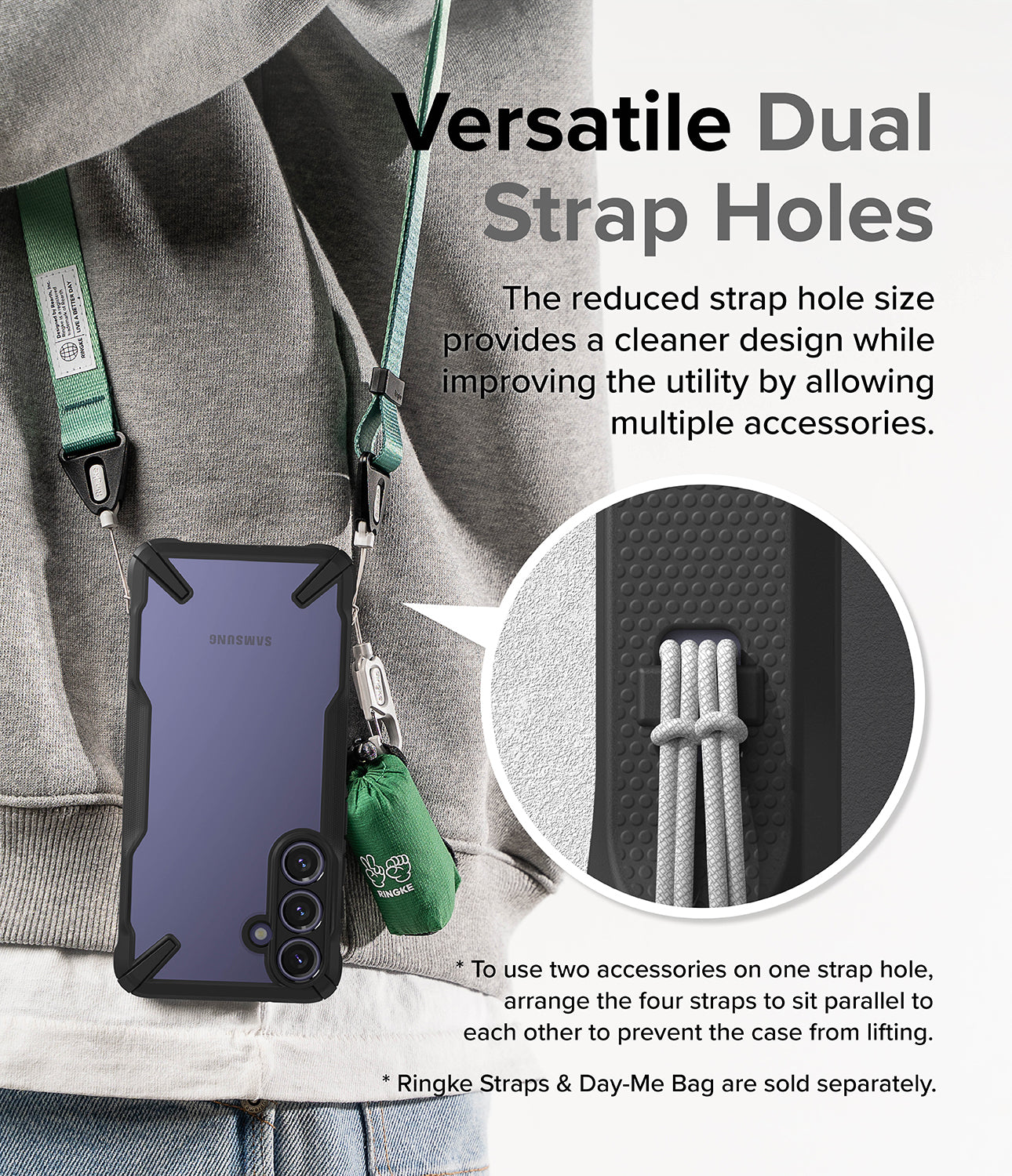 Galaxy S24 Case | Fusion-X - Black - Versatile Dual Strap Holes. The reduced strap hole size provides a cleaner design while improving the utility by allowing multiple accessories.