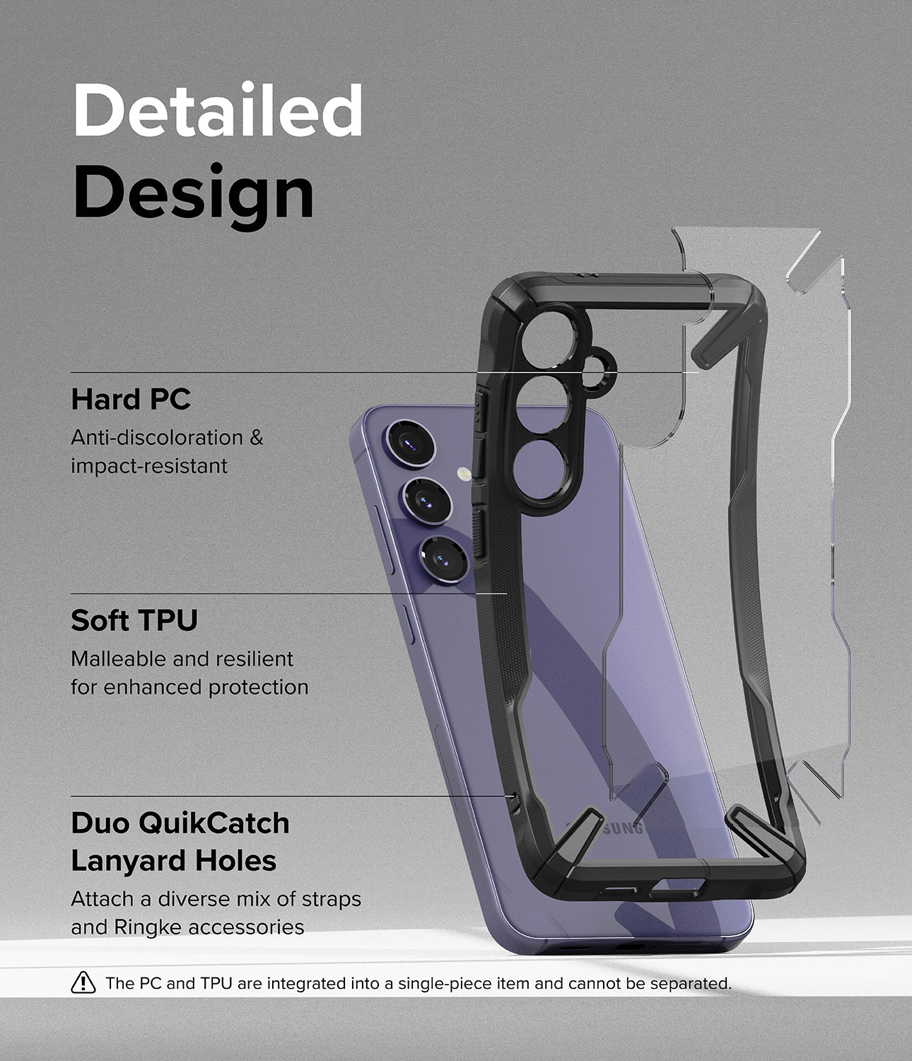 Galaxy S24 Case | Fusion-X - Black - Detailed Design. Anti-discoloration and impact-resistant with Hard PC. Malleable and resilient for enhanced protection with Soft TPU. Attach a diverse mix of straps and Ringke accessories.