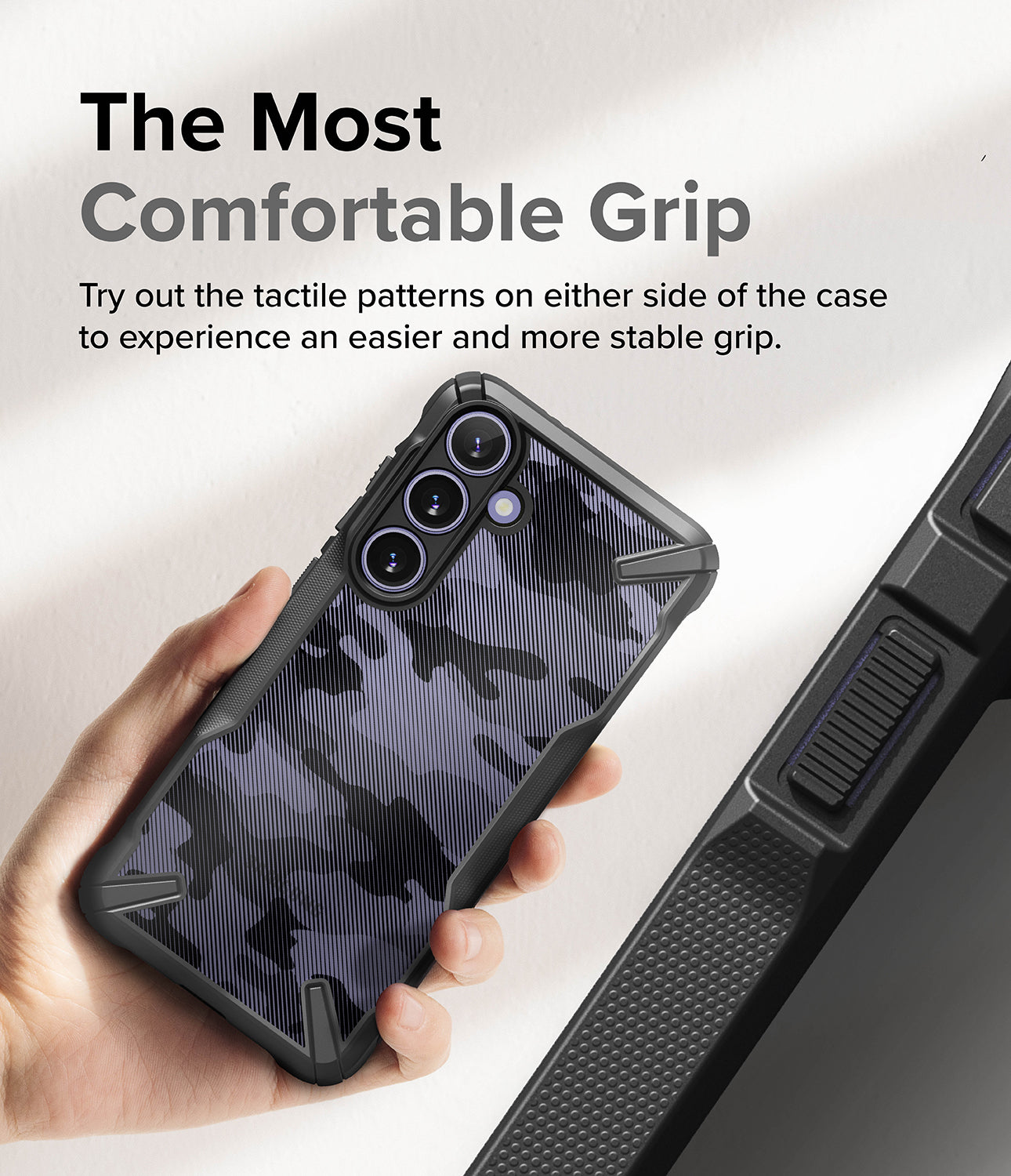 Galaxy S24 Case | Fusion-X - The Most Comfortable Grip. Try out the tactile patterns on either side of the case to experience an easier and more stable grip.