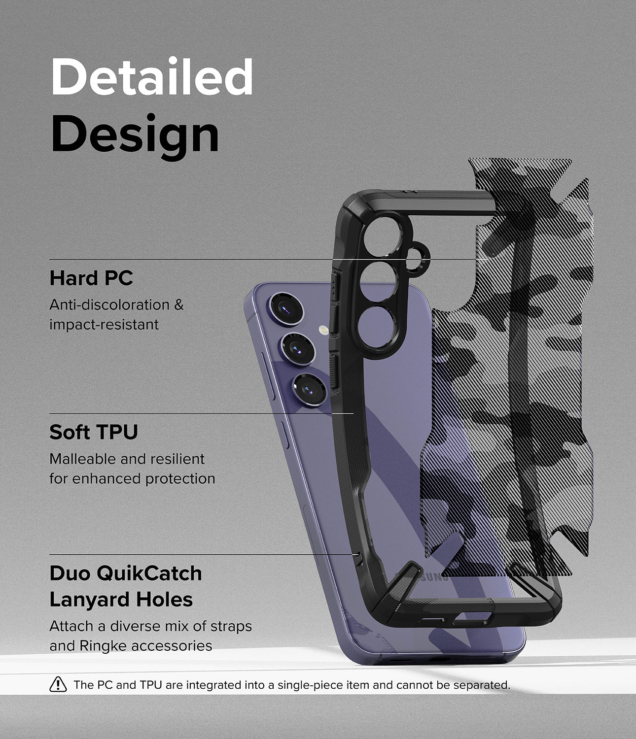 Galaxy S24 Case | Fusion-X -Detailed Design. Anti-discoloration and impact-resistant with Hard PC. Malleable and resilient for enhanced protection with Soft TPU. Duo QuikCatch Lanyard Holes to attach a diverse mix of straps and Ringke accessories.