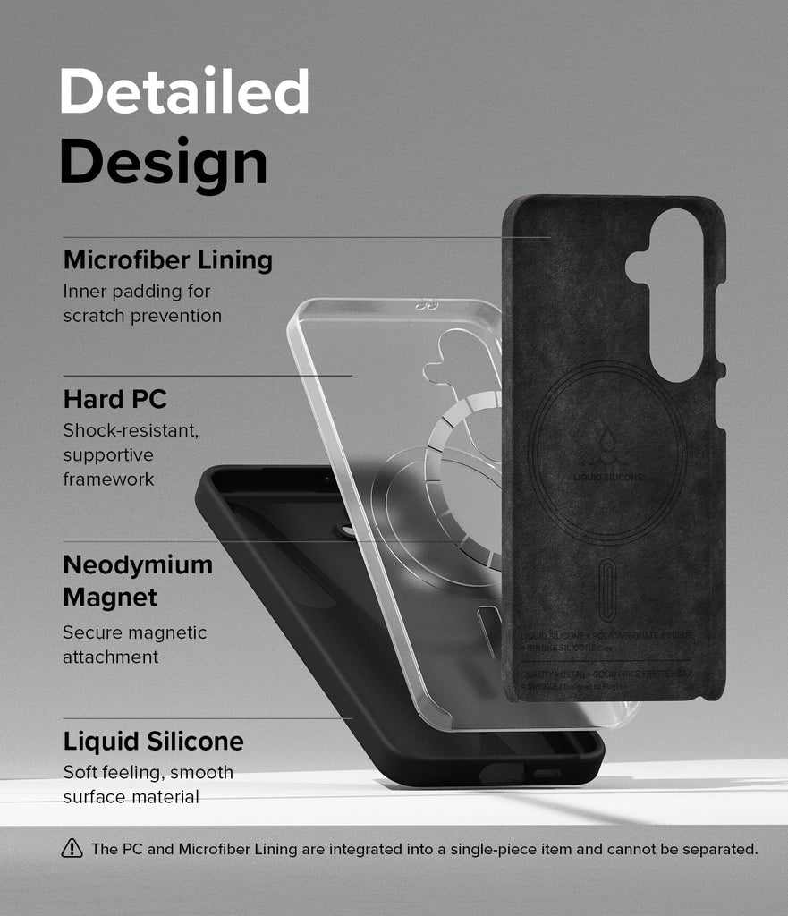 Galaxy S24 Case | Silicone Magnetic - Detailed Design. Microfiber lining. Inner padding for scratch prevention. Shock-resistant, supportive framework with Hard PC. Secure magnetic attachment with neodymium magnet. Liquid Silicone for soft feeling, smooth surface.