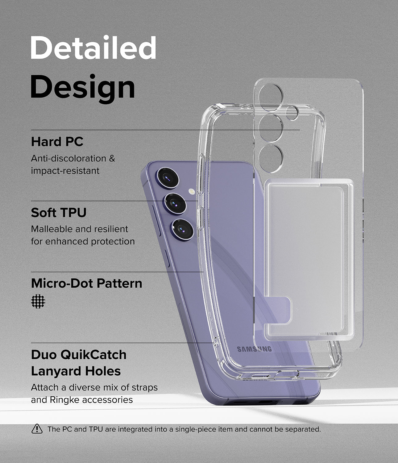 Galaxy S24 Case | Fusion Card - Detailed Design. Anti-discoloration and impact-resistant with Hard PC. Malleable and resilient for enhanced protection with Soft TPU. Micro-Dot Pattern. Duo QuikCatch Lanyard Holes to attach a diverse mix of straps and Ringke accessories.