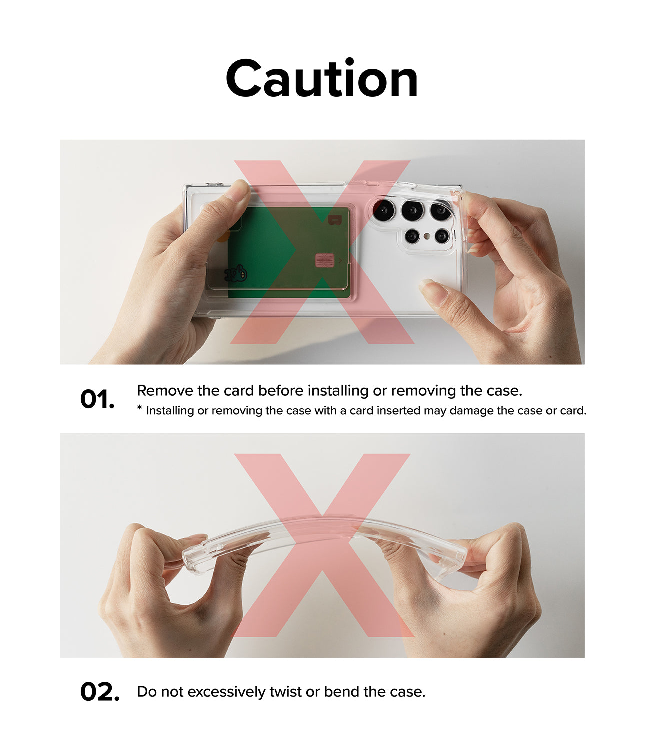 Galaxy S24 Case | Fusion Card - Caution. Remove the card before installing or removing the case. Do not excessively twist or bend the case.