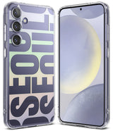 Galaxy S24 Plus Case | Fusion Design - Clear phone case with Seoul typography on a purple Galaxy S24 Plus among glass orbs.