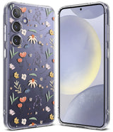 Galaxy S24 Plus Case | Fusion Design - Clear phone case with floral print shown next to a purple Galaxy S24+ among glass spheres.