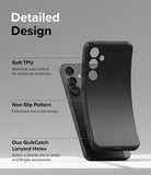 Galaxy S24 Case | Onyx - Detailed Design. Malleable and resilient for enhanced protection with Soft TPU. Embossed micro-dot design with Non-Slip Pattern. Duo QuikCatch Lanyard Holes. Attach a diverse mix of straps and Ringke accessories.
