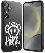 Galaxy S24 Plus Case | Onyx Design - Four black Galaxy S24+ cases with unique graphic prints floating above white blocks.