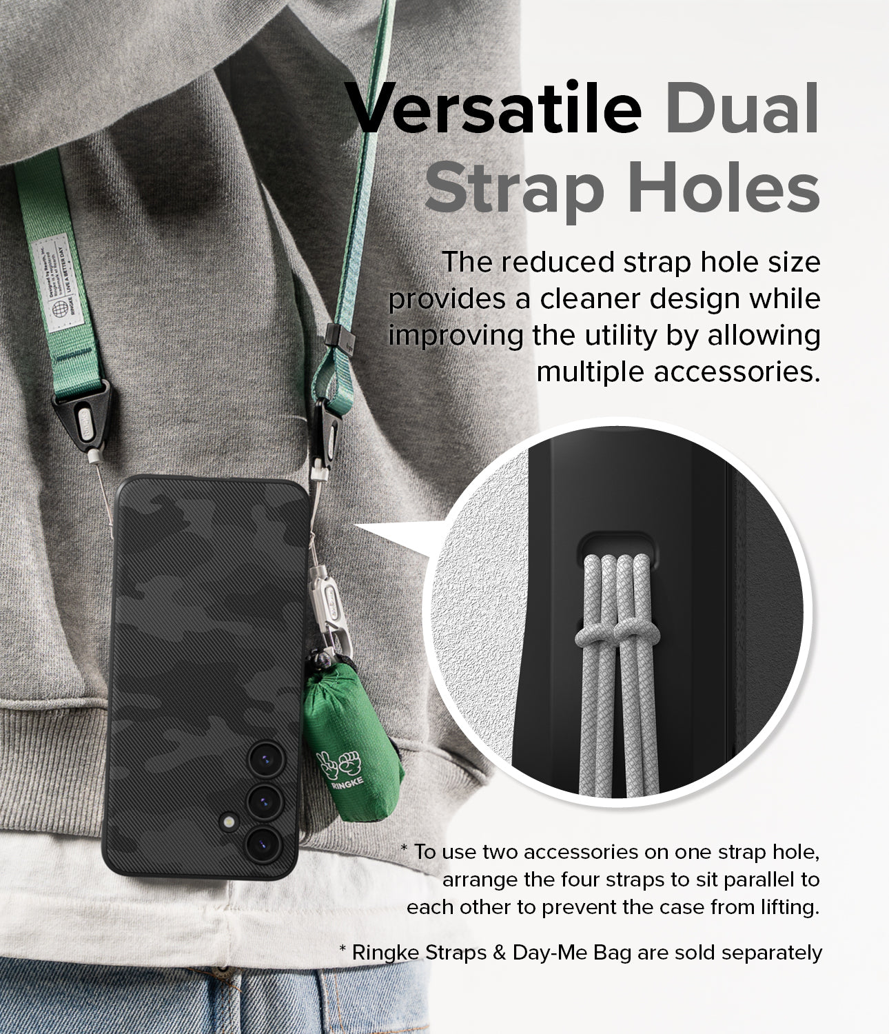 Galaxy S24 Plus Case | Onyx Design - Versatile Dual Strap Holes. The reduced strap hole size provides a cleaner design while improving the utility by allowing multiple accessories.
