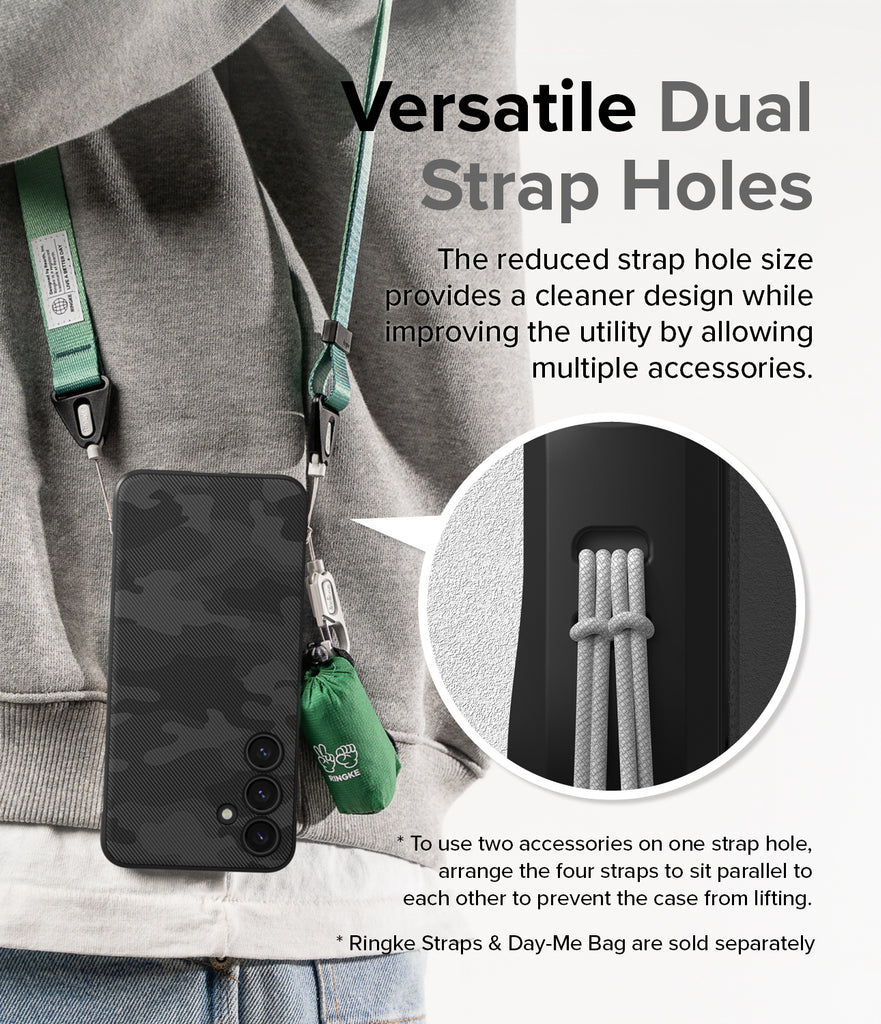 Galaxy S24 Plus Case | Onyx Design - Versatile Dual Strap Holes. The reduced strap hole size provides a cleaner design while improving the utility by allowing multiple accessories.