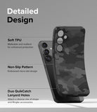 Galaxy S24 Case | Onyx Design - Camo Black - Detailed Design. Malleable and resilient for enhanced protection. Soft TPU. Embossed micro-dot design. Non-Slip Pattern. Attach a diverse mix of straps and Ringke accessories with Duo QuikCatch Lanyard Holes.