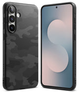 Galaxy S25 FE Case | Onyx - Black phone case with a textured camo pattern shown from the back and front views.