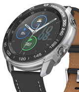 Galaxy Watch 3 45mm | Air Sports Black + Bezel Styling 10 - Silver smartwatch with black tachymeter bezel and leather strap.