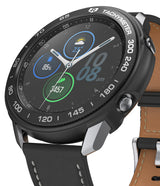 Galaxy Watch 3 45mm | Air Sports Black + Bezel Styling 10 - Black smartwatch with tachymeter bezel and leather strap.