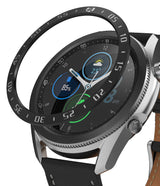 Galaxy Watch 3 (45mm) | Bezel Styling - A black numbered bezel ring hovering above a silver Galaxy Watch 3 with a leather strap.