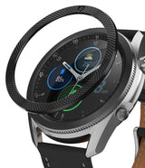 Galaxy Watch 3 (45mm) | Bezel Styling - A textured black metal bezel ring hovering above a silver Galaxy Watch 3.