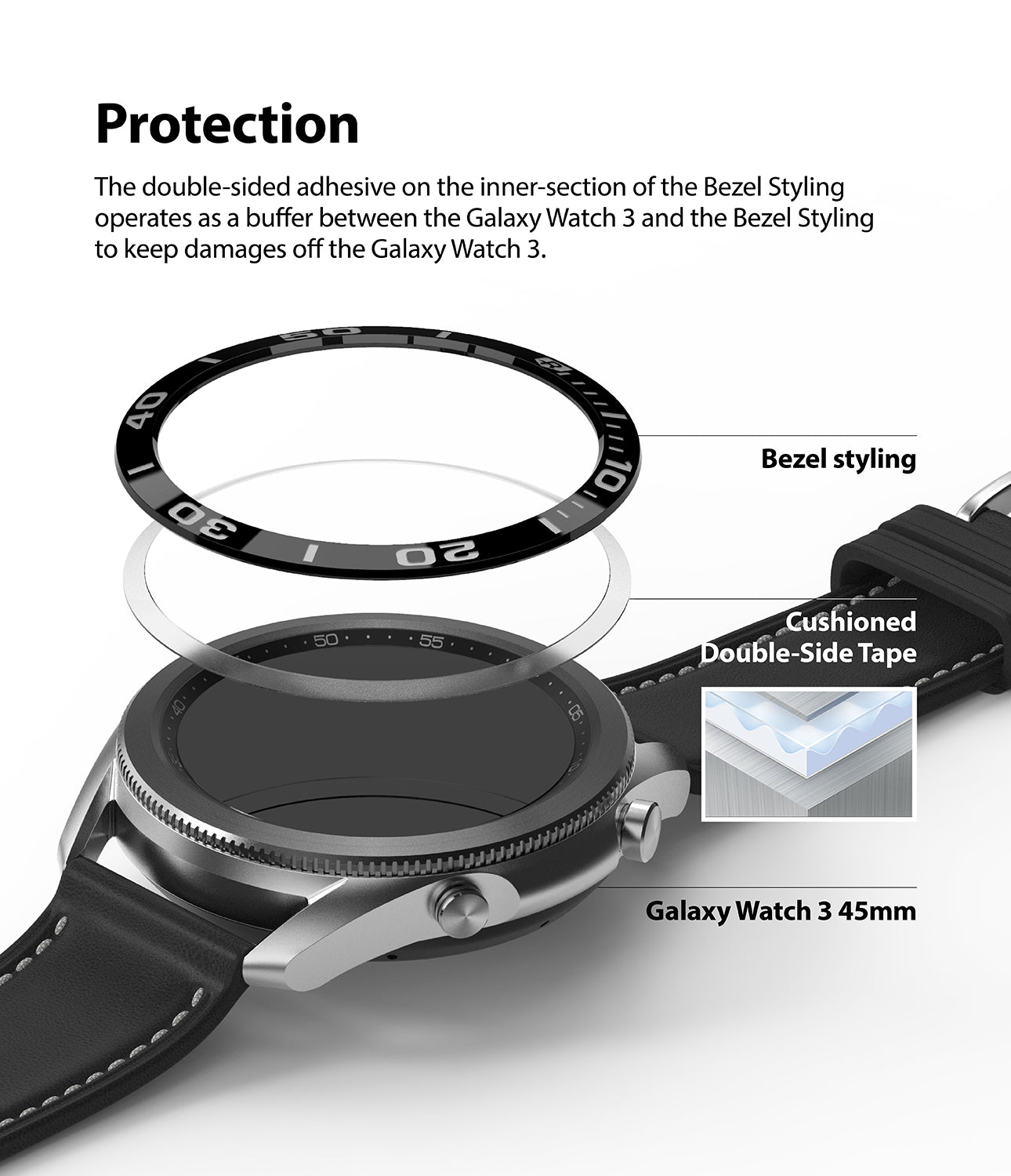 the double sided adhesive on the inner section of the bezel styling operates as a buffer between the galaxy watch 3 and the bezel styling to keep damages off the galaxy watch