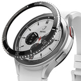 Galaxy Watch 4 Classic 42mm | Bezel Styling - Silver Galaxy Watch 4 with a black tachymeter bezel accessory attached.