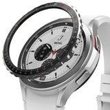 Galaxy Watch 4 Classic 42mm | Bezel Styling - Silver Galaxy Watch 4 with a black tachymeter bezel accessory attached.