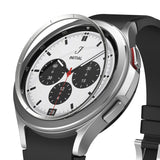 Galaxy Watch 4 Classic 42mm | Inner Bezel Styling - Silver metal bezel ring hovering above a smartwatch face.