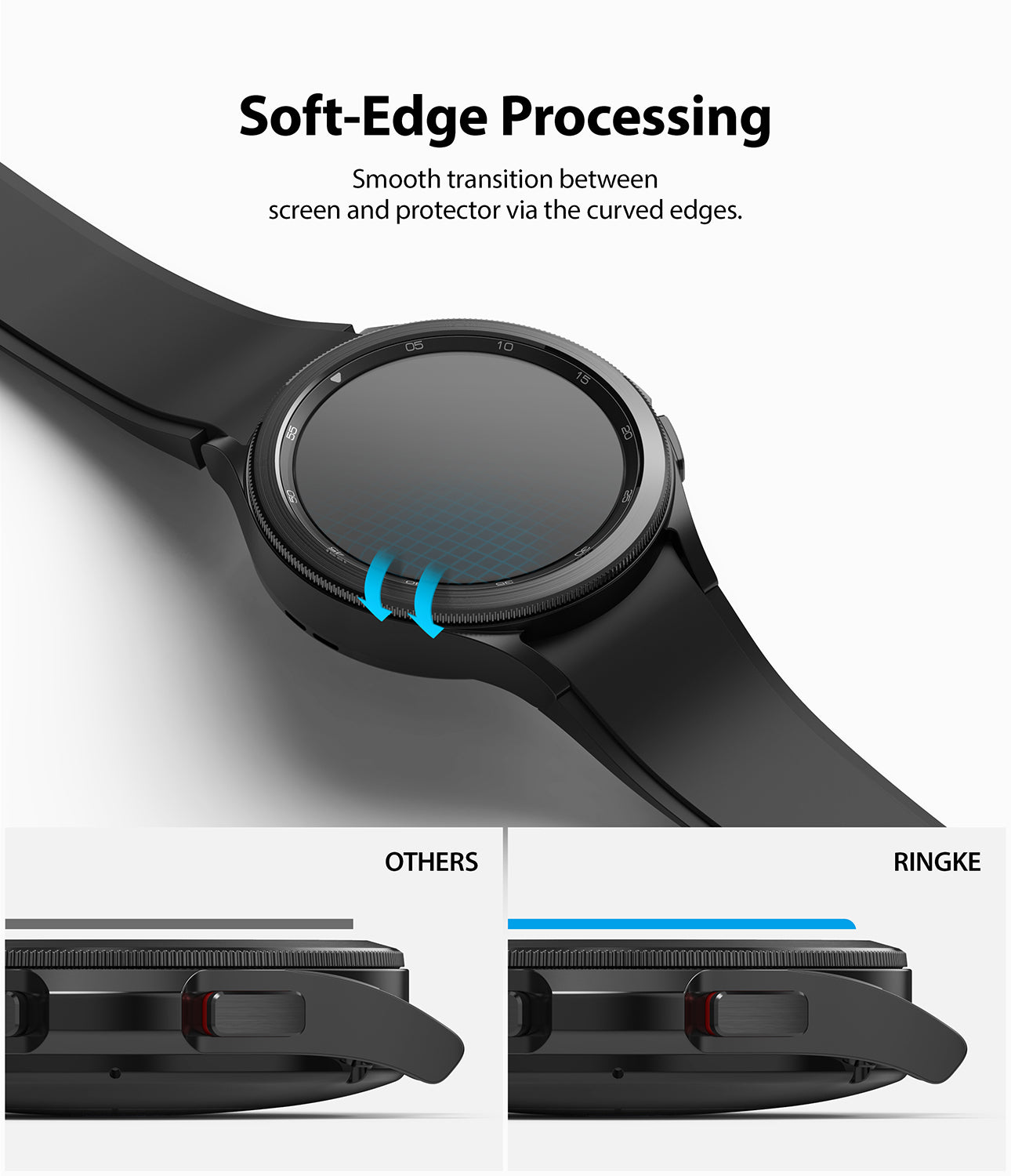 Galaxy Watch 4 Classic 42mm Screen Protector | Glass - R1 - Soft_Edge Processing. Smooth transition between screen and protector via the curved edges.
