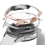 Galaxy Watch 4 Classic 42mm Case | Slim - Rose gold and clear protective watch cases hovering above a silver smartwatch.