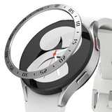 Galaxy Watch 5/4 40mm | Bezel Styling - Silver metallic bezel ring hovering above a white smartwatch with a black screen.