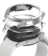 Galaxy Watch 4 40mm Case | Slim - Exploded view of a silver protective watch case hovering above a white smartwatch.