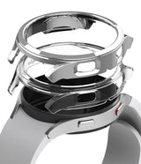 Galaxy Watch 4 (44mm) Case | Slim - Exploded view of a silver watch case and two transparent protective covers.