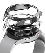Galaxy Watch 4 (44mm) Case | Slim - Exploded view of a slim, transparent protective case hovering above a silver smartwatch.