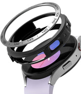Galaxy Watch 5 40mm | Air Sports Black + Bezel Styling - Exploded view of a smartwatch with a black bezel and tachymeter.