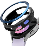 Galaxy Watch 5 40mm | Air Sports Black + Bezel Styling - Exploded view of a blue bezel and black case over a smartwatch.