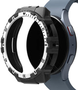 Galaxy Watch 5 / 4 (44mm) Case | Fusion-X - Four close-up views of a rugged black watch case worn on wrists with various bands.