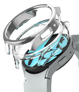 Galaxy Watch 6 44mm Case | Slim - A clear, slim protective case hovering above a silver Galaxy Watch 6 with a blue face.