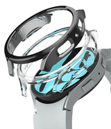 Galaxy Watch 6 44mm Case | Slim - Exploded view of a black protective watch case hovering above a silver Galaxy Watch 6.