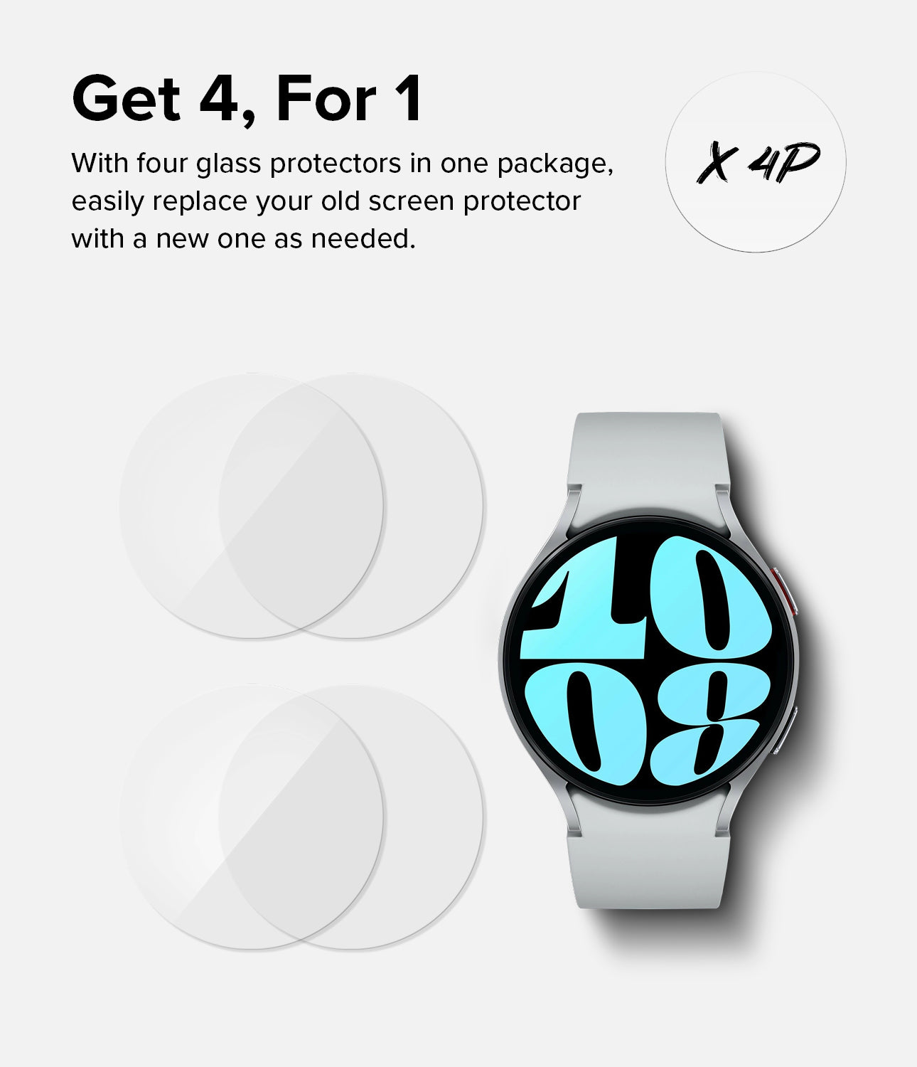 Galaxy Watch 6 40mm Screen Protector | Glass - R8 - Get 4 For 1. With four glass protectors in one package, easily replace your old screen protector with a new one as needed.