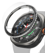 Galaxy Watch Ultra | Bezel Styling Premium & Glass - Galaxy Watch Ultra - A metallic bezel ring hovering above a smartwatch face with a protective glass screen cover.
