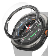 Galaxy Watch Ultra | Bezel Styling Premium & Glass - A black metal bezel ring hovering above a Galaxy Watch Ultra face.