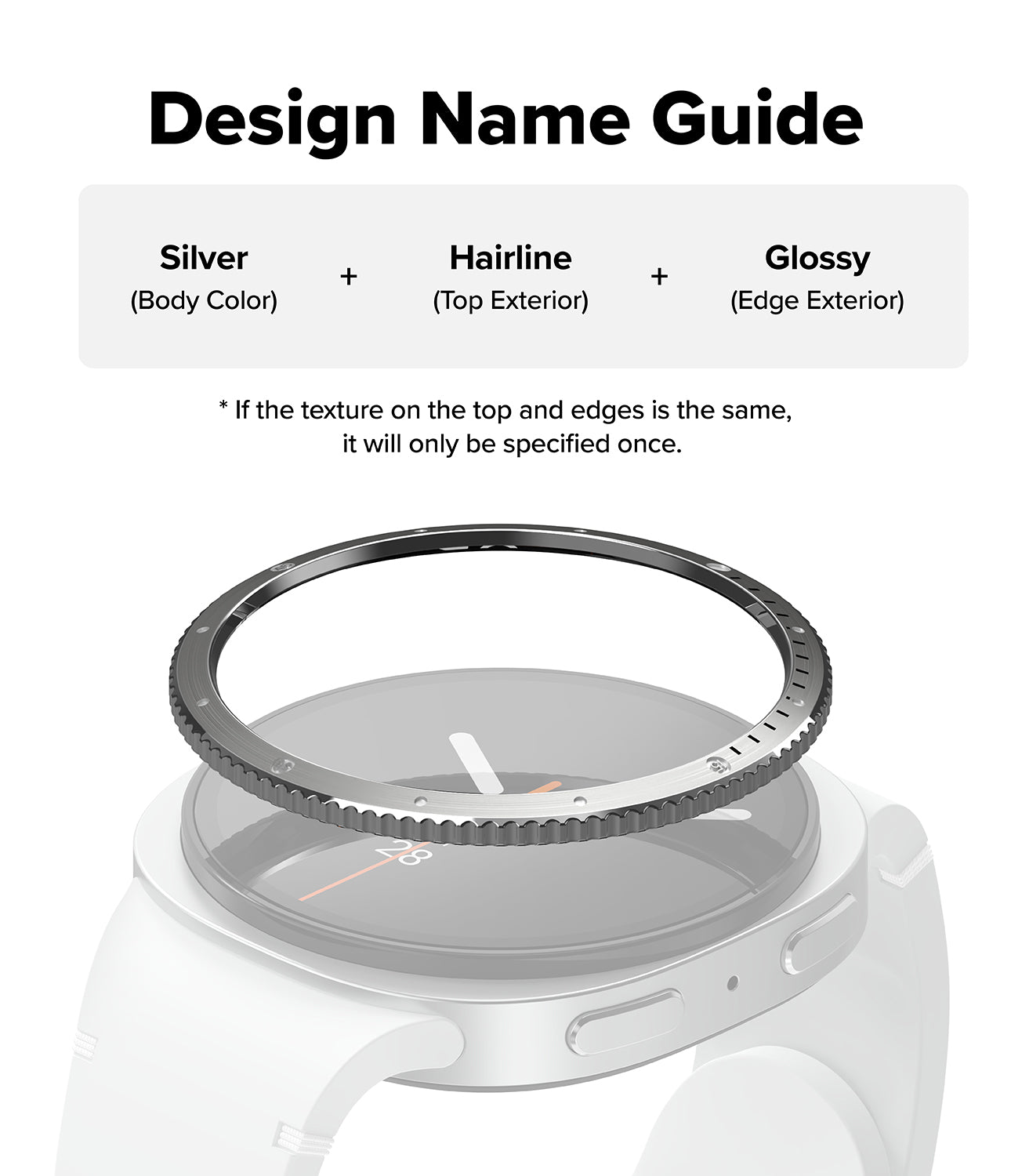 Galaxy Watch 9 / 8 40mm | Bezel Styling - Design name guide diagram showing a watch band accessory with a silver textured inner ring, a white outer band, and a glossy black edge, labeled as Silver + Hairline + Glossy.